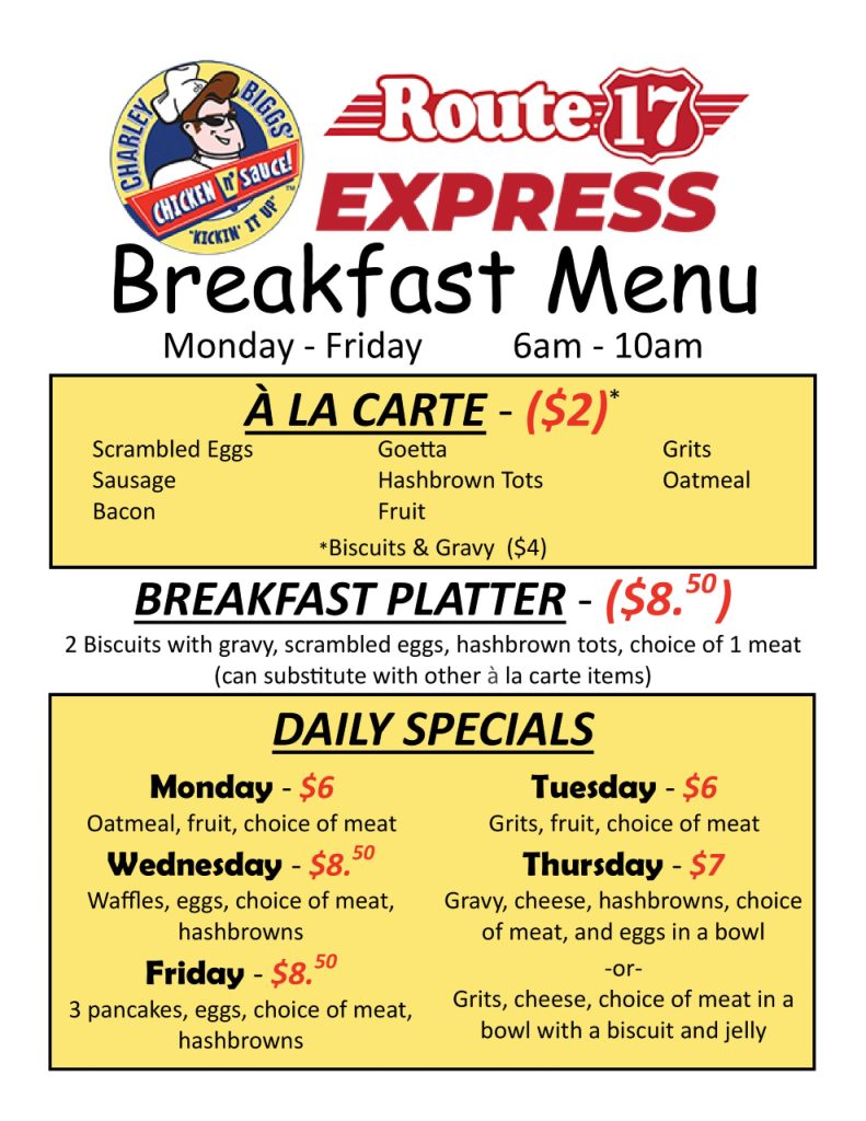 rt17 Breakfast Menu | Route 17 Express