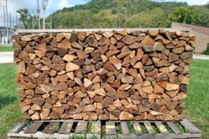 Stack of split firewood neatly piled on a wooden pallet outdoors, with grass and trees in the background.